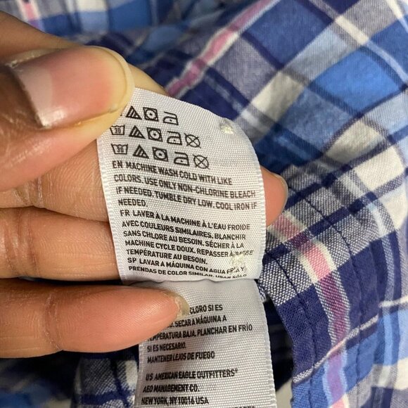 American Eagle Men's Blue Plaid Button-Down Classic Shirt - Picture 8 of 9